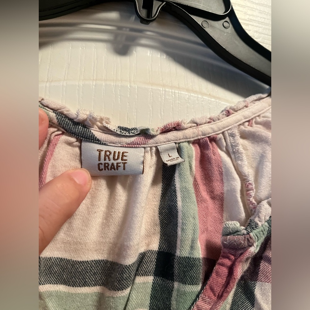 True Craft Pink and Green Plaid Blouse with distressed edging. - Picture 3 of 7